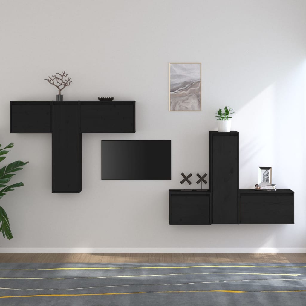 vidaXL TV Cabinets 6 pcs Black Solid Pine Wood