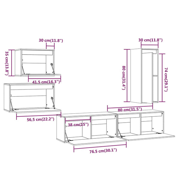 vidaXL TV Cabinets 5 pcs White Solid Pine Wood