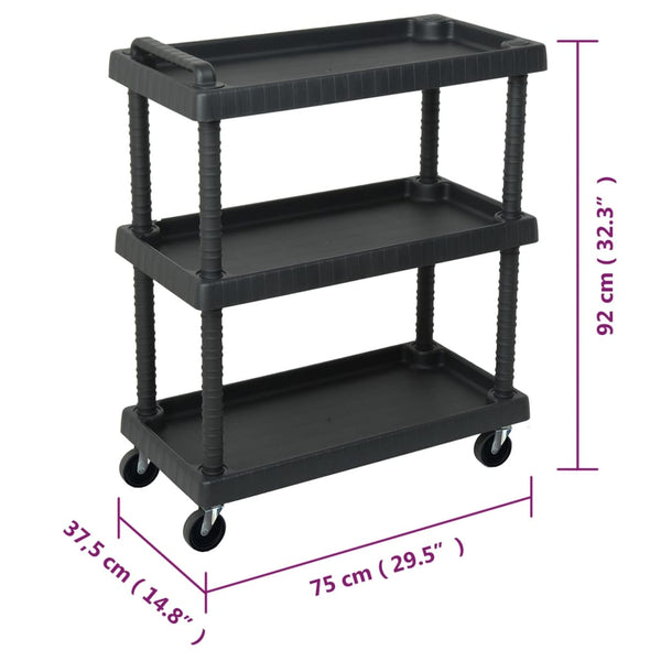 vidaXL 3-Tier Workshop Trolley Black 75x37.5x92 cm PP