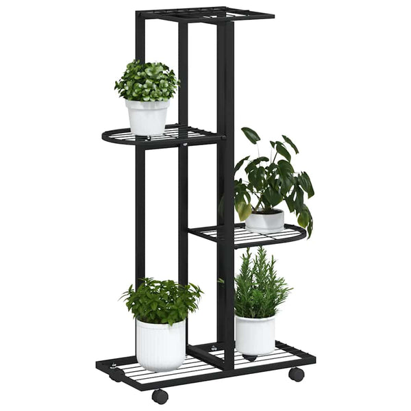 vidaXL 4-Tier Flower Stand with Wheels 44x23x80 cm Black Iron