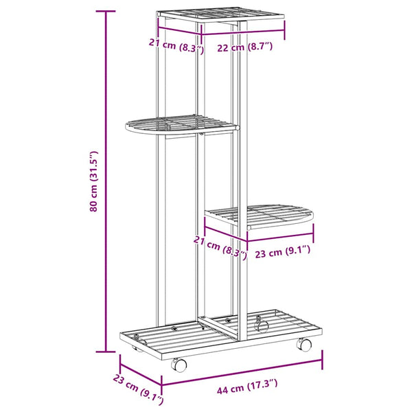 vidaXL 4-Tier Flower Stand with Wheels 44x23x80 cm Black Iron
