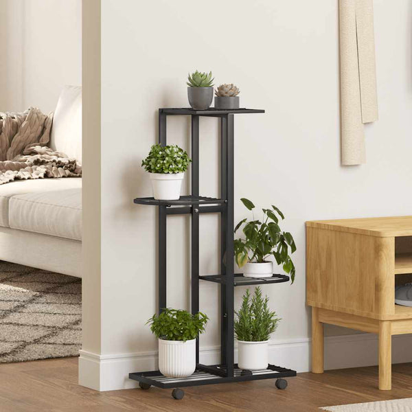 vidaXL 4-Tier Flower Stand with Wheels 44x23x80 cm Black Iron