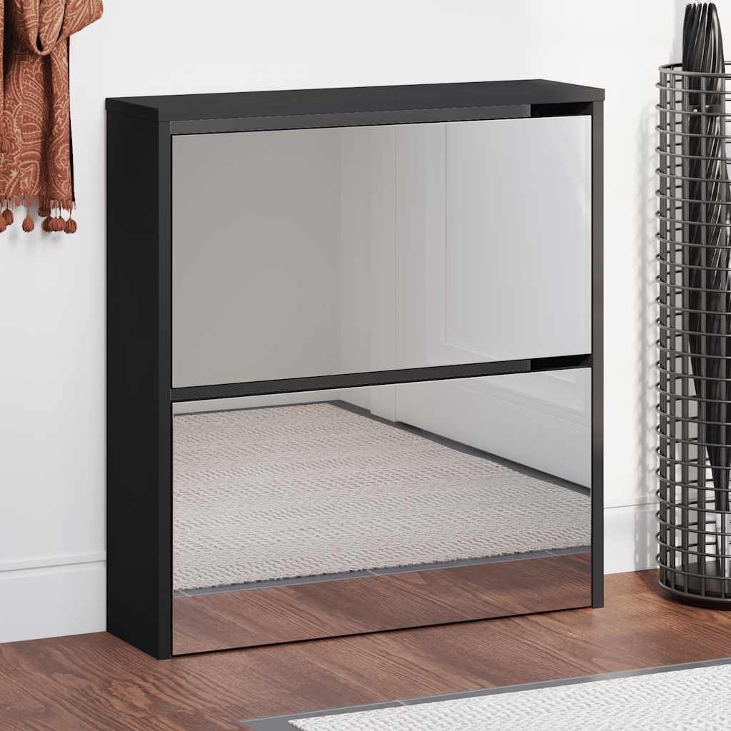 vidaXL Shoe Cabinet with Mirror 2 Compartments Black 63x17x67 cm