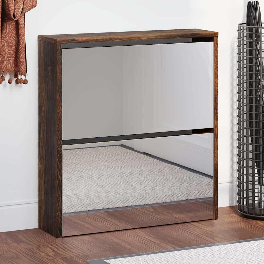 vidaXL Shoe Cabinet with Mirror 2 Compartments Smoked Oak 63x17x67 cm