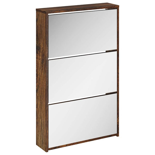 vidaXL Shoe Cabinet with Mirror 3 Compartments Smoked Oak 63x17x102.5 cm