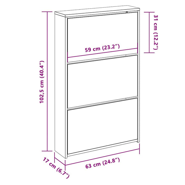 vidaXL Shoe Cabinet with Mirror 3 Compartments Smoked Oak 63x17x102.5 cm