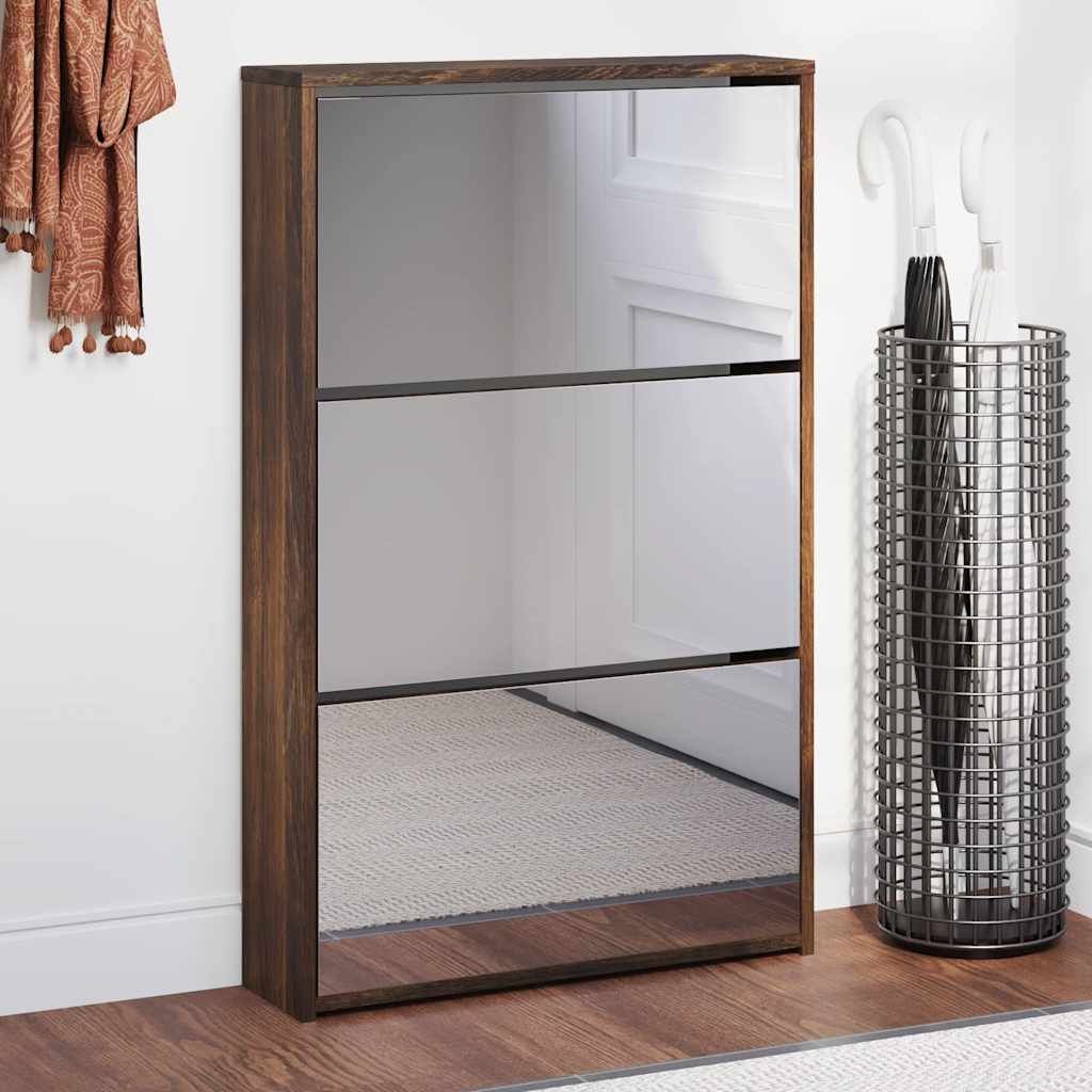 vidaXL Shoe Cabinet with Mirror 3 Compartments Smoked Oak 63x17x102.5 cm