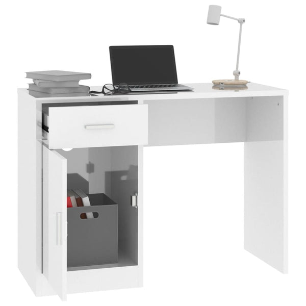 vidaXL High Gloss White Desk with Storage 100x40x73 cm