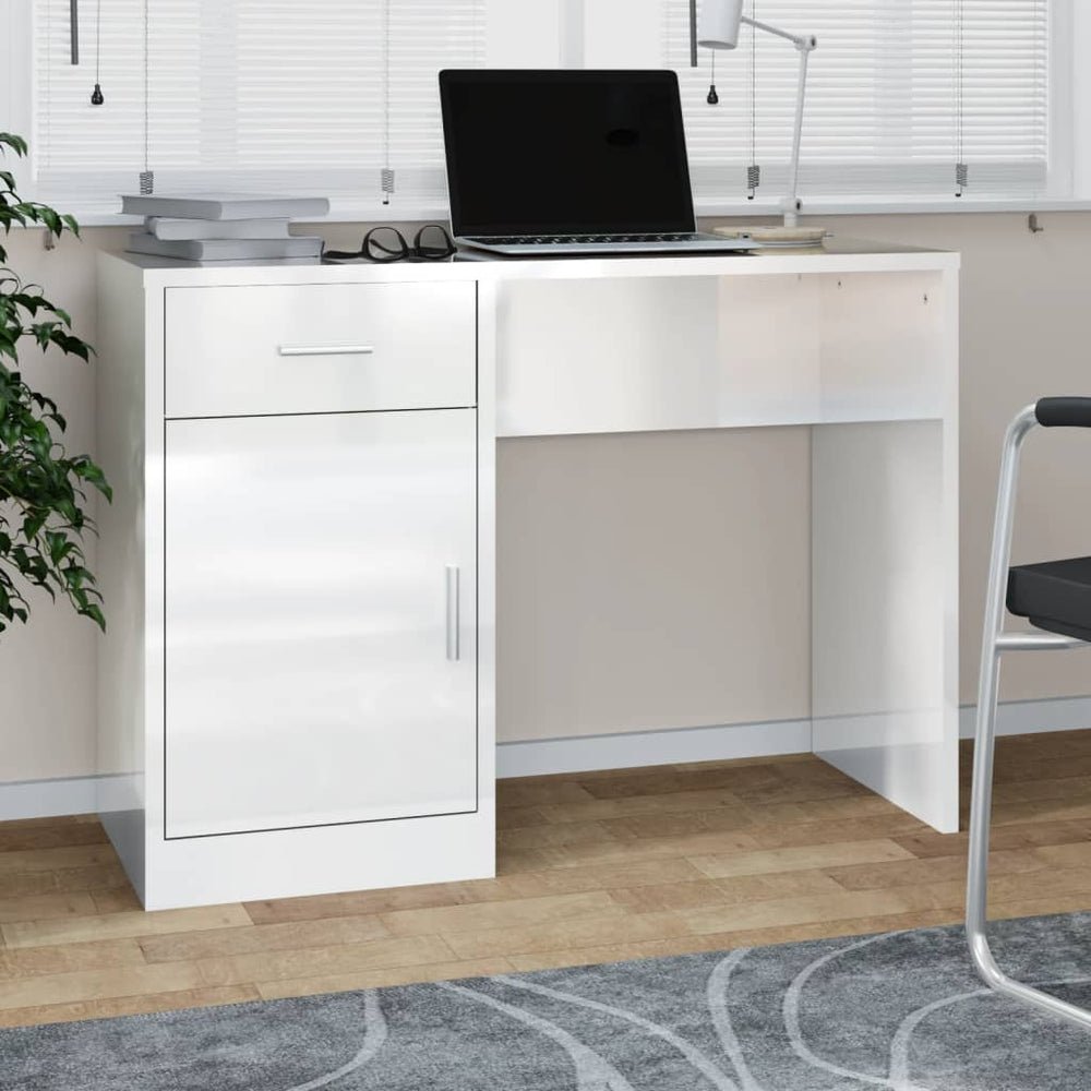 vidaXL High Gloss White Desk with Storage 100x40x73 cm