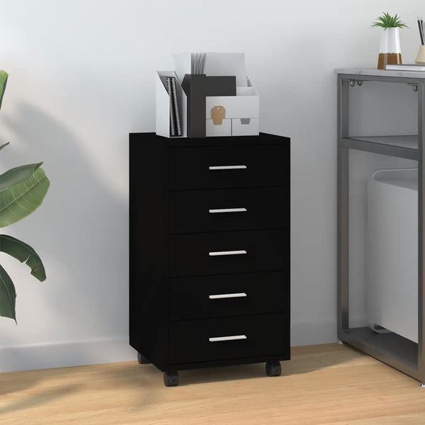 vidaXL Rolling Cabinet with Drawers Black Engineered Wood