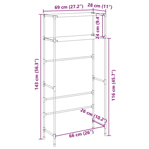 vidaXL Washing Machine Rack 2 Shelves Black 69x28x143 cm Iron