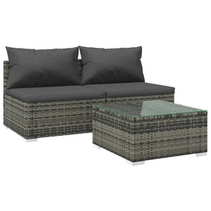 3-tlg. Garten-Lounge-Set mit Kissen Poly Rattan Grau