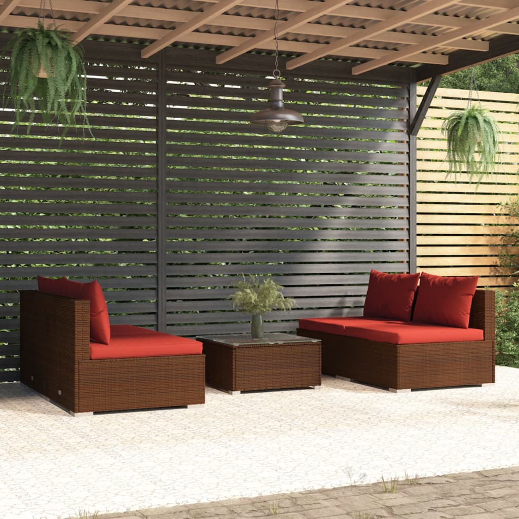 vidaXL 5-piece Garden Lounge Set with Cushions Poly Rattan Brown