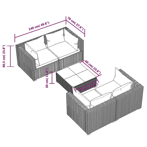 vidaXL 5-piece Garden Lounge Set with Cushions Poly Rattan Black