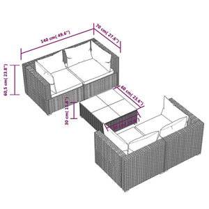 vidaXL 5-piece Garden Lounge Set with Cushions Poly Rattan Brown