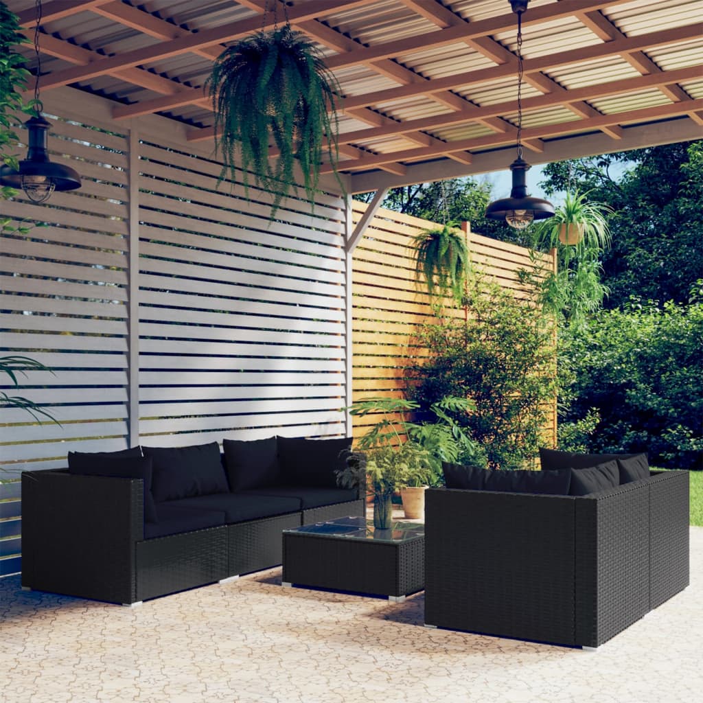 vidaXL 6-Piece Garden Lounge Set with Cushions Poly Rattan Black