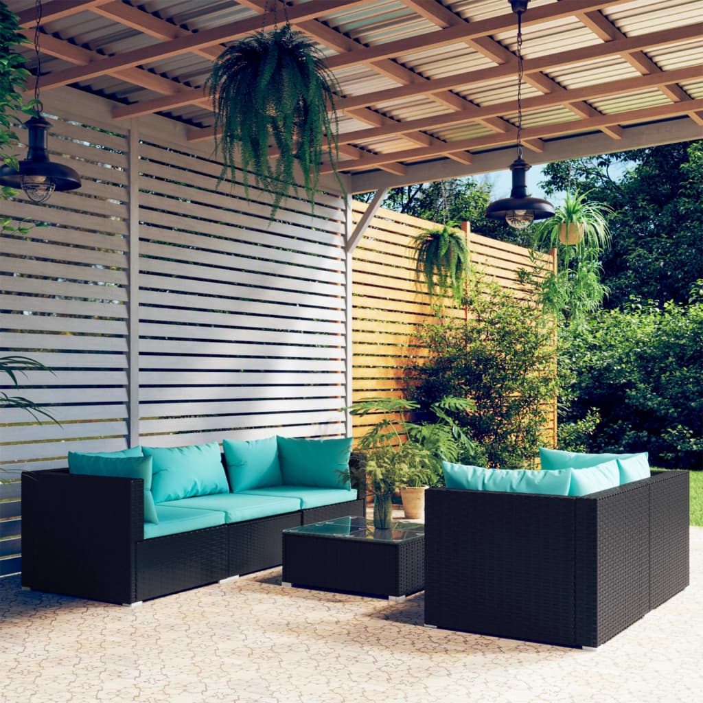 vidaXL 6-Piece Garden Lounge Set with Cushions Poly Rattan Black