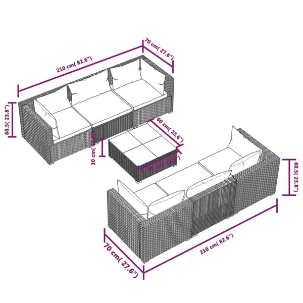 vidaXL 7-Piece Garden Lounge Set with Cushions Poly Rattan Brown