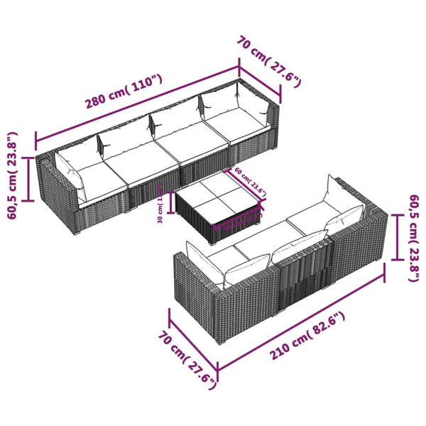 vidaXL 8-piece Garden Lounge Set with Cushions Poly Rattan Black