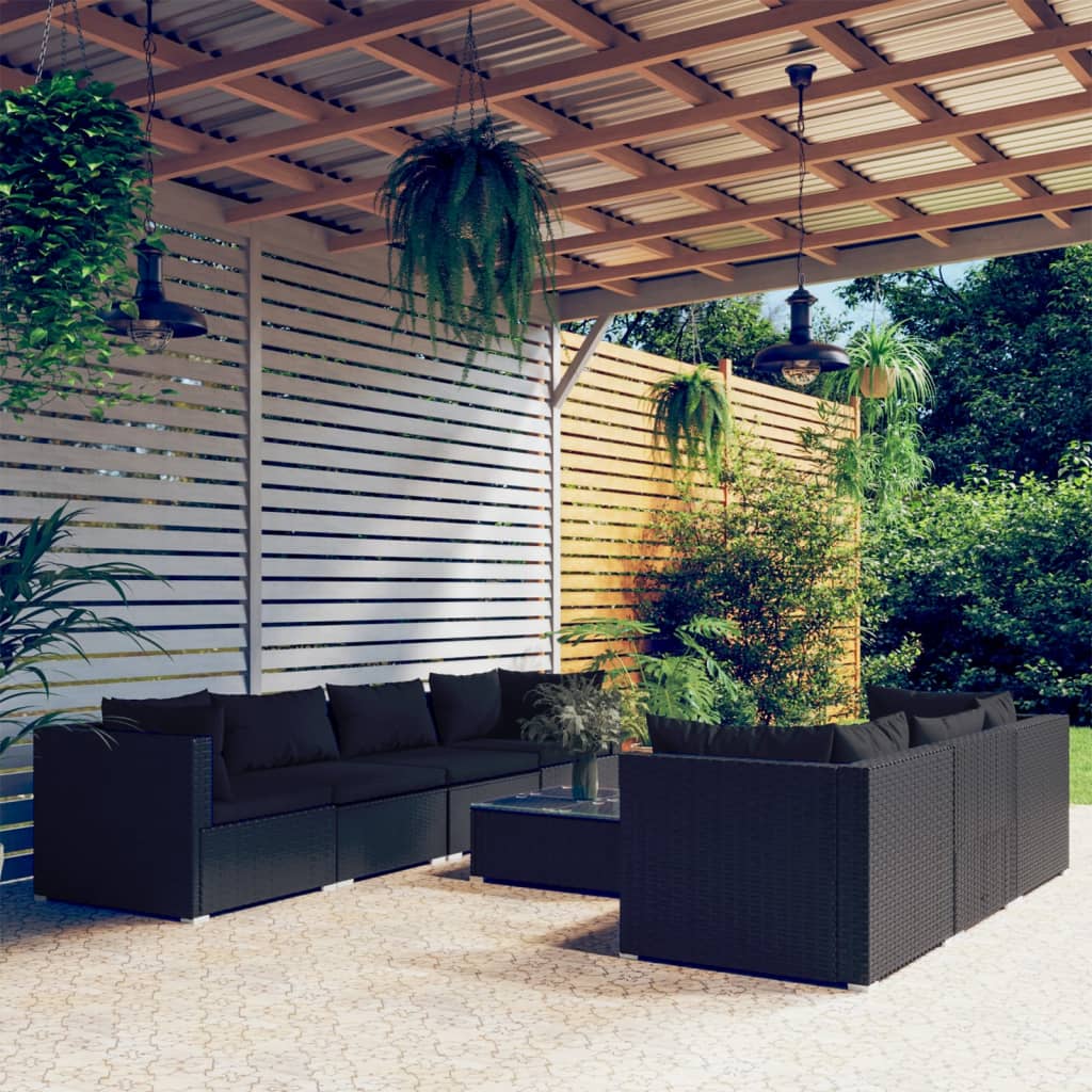 vidaXL 8-piece Garden Lounge Set with Cushions Poly Rattan Black