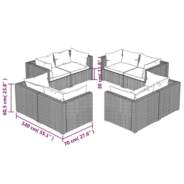 vidaXL 8-piece Garden Lounge Set with Cushions Poly Rattan Black
