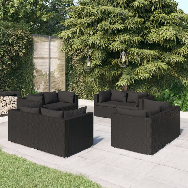 vidaXL 8-piece Garden Lounge Set with Cushions Poly Rattan Black