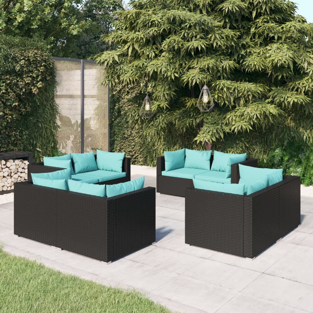 vidaXL 8-piece Garden Lounge Set with Cushions Poly Rattan Black