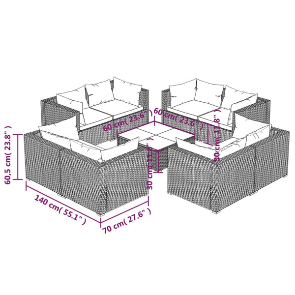 vidaXL 9-piece Garden Lounge Set with Cushions Poly Rattan Brown