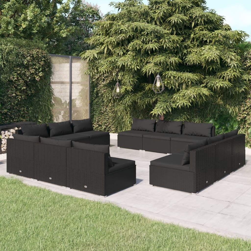 vidaXL 12-Piece Garden Lounge Set with Cushions Poly Rattan Black