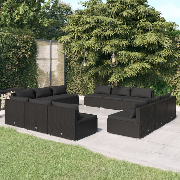vidaXL 12-Piece Garden Lounge Set with Cushions Poly Rattan Black