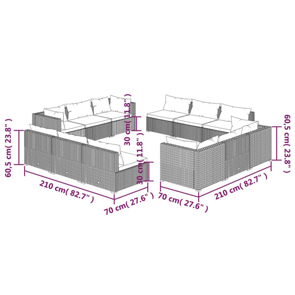 vidaXL 12-Piece Garden Lounge Set with Cushions Poly Rattan Black