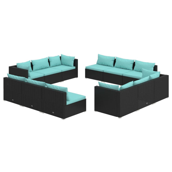vidaXL 12-Piece Garden Lounge Set with Cushions Poly Rattan Black