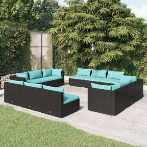 vidaXL 12-Piece Garden Lounge Set with Cushions Poly Rattan Black