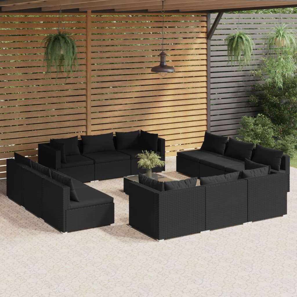 vidaXL 13-Piece Garden Lounge Set with Cushions Poly Rattan Black