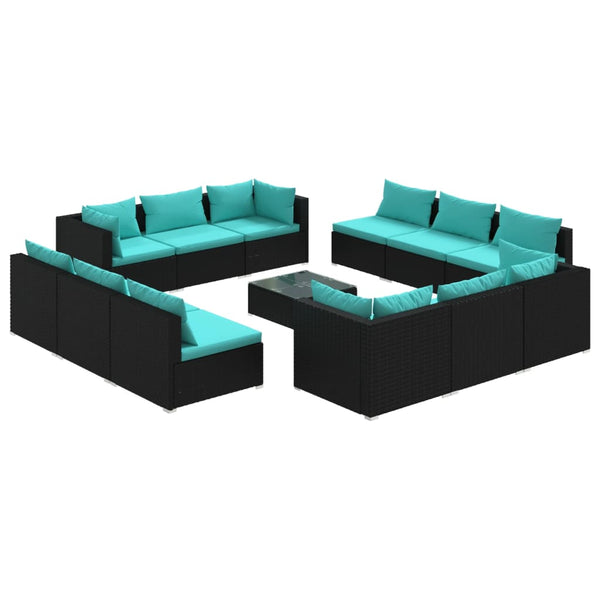 vidaXL 13-Piece Garden Lounge Set with Cushions Poly Rattan Black