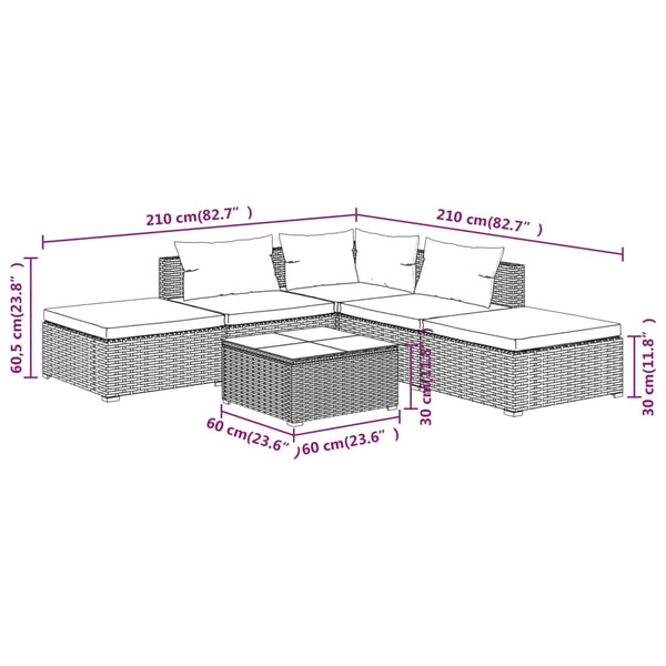 vidaXL 6-Piece Garden Lounge Set with Cushions Poly Rattan Grey