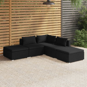 vidaXL 5-piece Garden Lounge Set with Cushions Poly Rattan Black