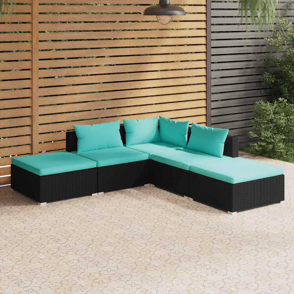 vidaXL 5-piece Garden Lounge Set with Cushions Poly Rattan Black