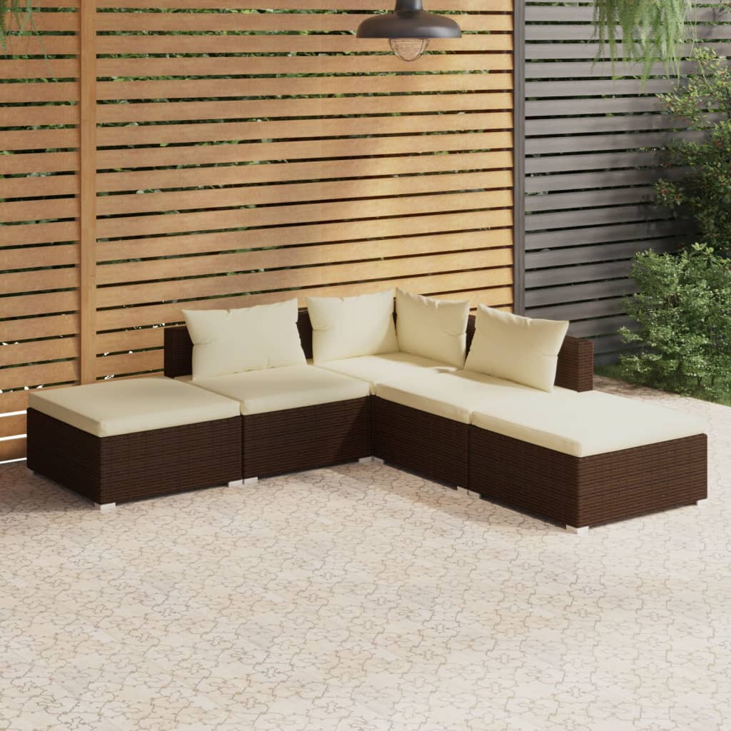 vidaXL 5-piece Garden Lounge Set with Cushions Poly Rattan Brown