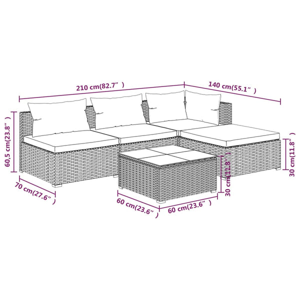 vidaXL 5-piece Garden Lounge Set with Cushions Poly Rattan Brown