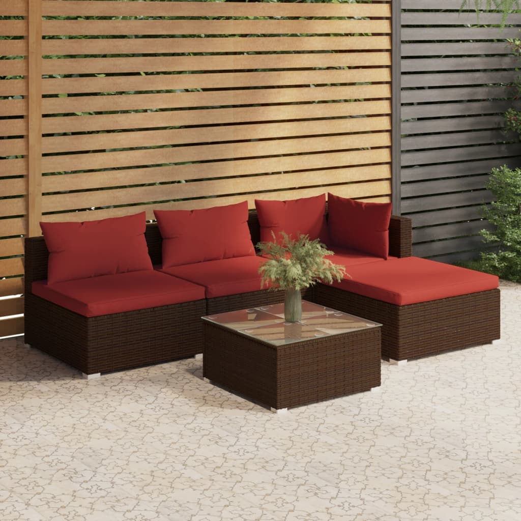 vidaXL 5-piece Garden Lounge Set with Cushions Poly Rattan Brown