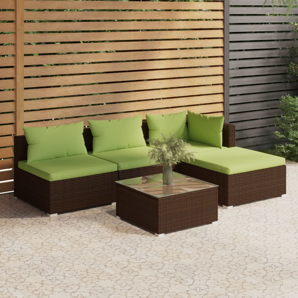 vidaXL 5-piece Garden Lounge Set with Cushions Poly Rattan Brown