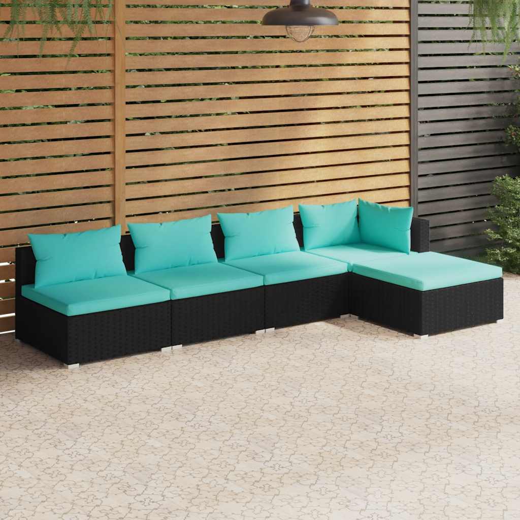 vidaXL 5-piece Garden Lounge Set with Cushions Poly Rattan Black