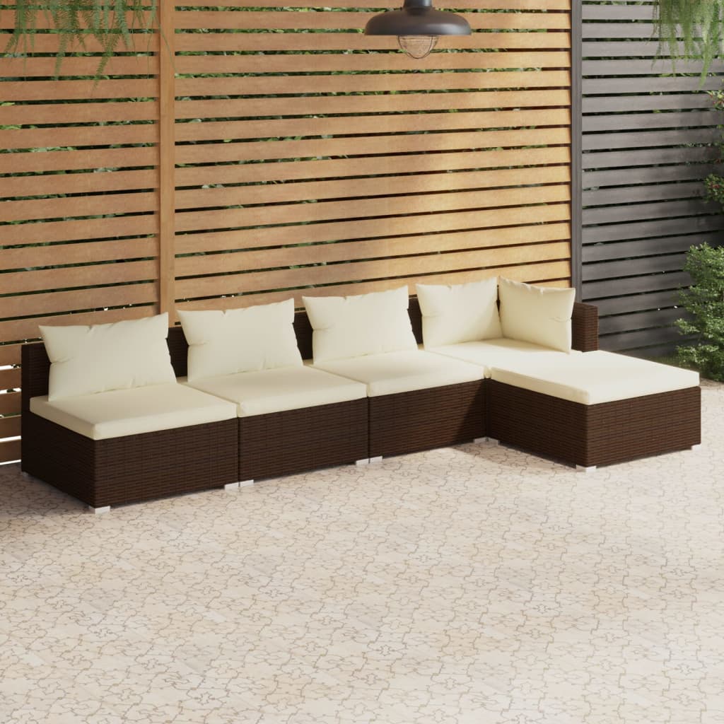 vidaXL 5-piece Garden Lounge Set with Cushions Poly Rattan Brown