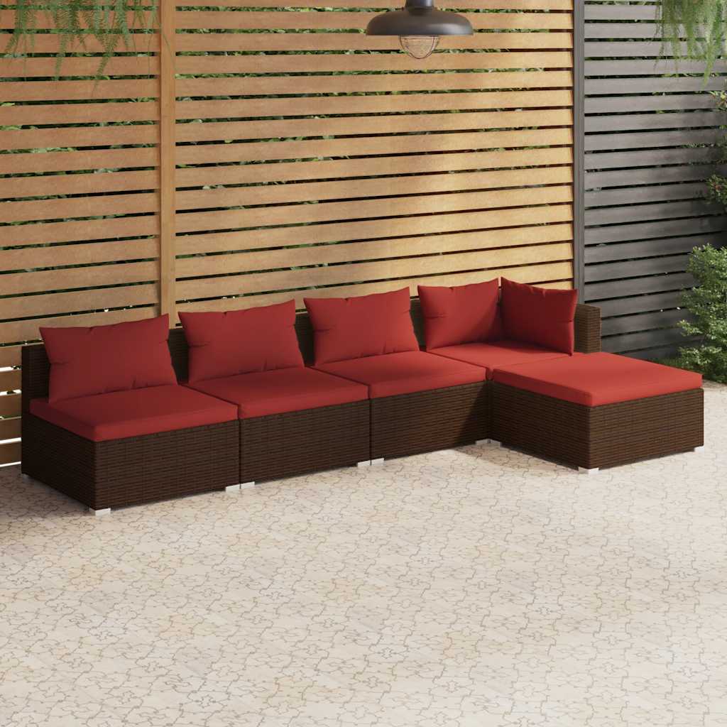 vidaXL 5-piece Garden Lounge Set with Cushions Poly Rattan Brown