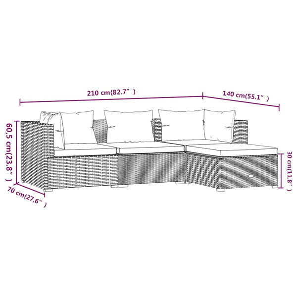 4-tlg. Garten-Lounge-Set mit Auflagen Poly Rattan Braun
