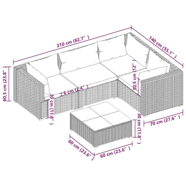 5-tlg. Garten-Lounge-Set mit Kissen Poly Rattan Braun