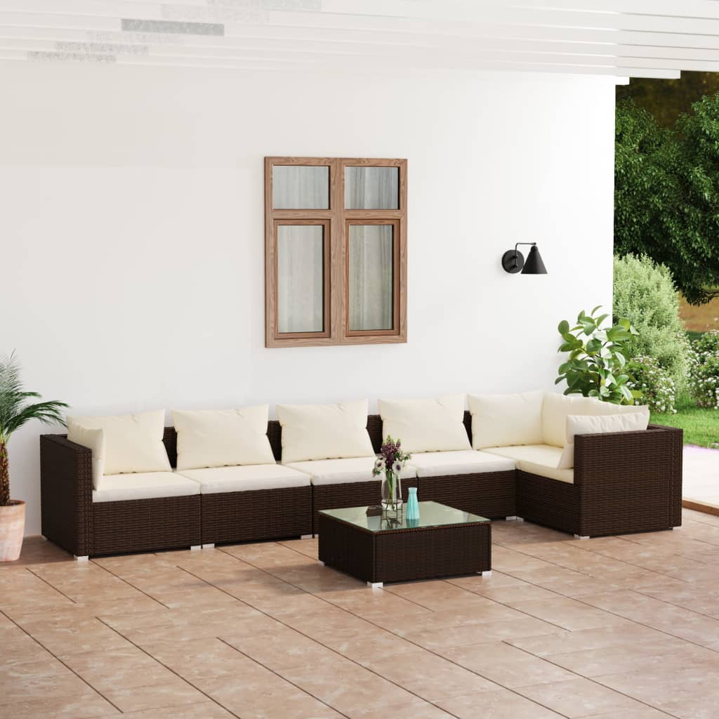7-tlg. Garten-Lounge-Set mit Kissen Poly Rattan Braun