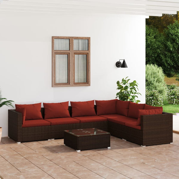 7-tlg. Garten-Lounge-Set mit Kissen Poly Rattan Braun