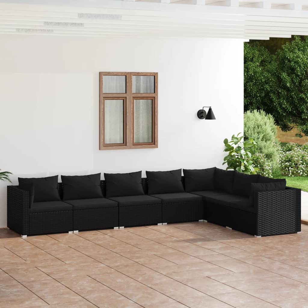 7-tlg. Garten-Lounge-Set mit Kissen Poly Rattan Schwarz
